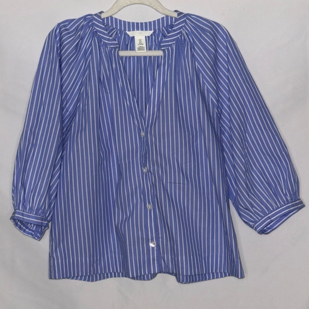 H&M Balloon Sleeve Poplin Blouse Light Blue White Striped Women’s Size Small EUC - Picture 2 of 4
